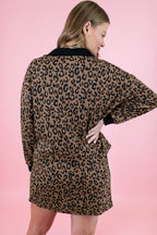 Khaki leopard print quarter zip long sleeve top and mini skirt set by Dear-Lover, stylish two-piece dress for casual wear.