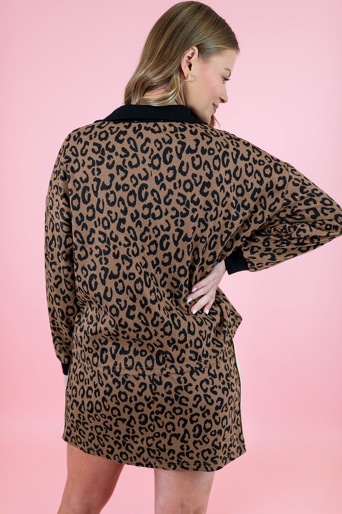 Khaki leopard print quarter zip long sleeve top and mini skirt set by Dear-Lover, stylish two-piece dress for casual wear.