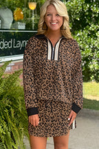 Khaki leopard print quarter zip long sleeve top and mini skirt set from Dear-Lover, stylish two-piece dress with stretchy fabric.