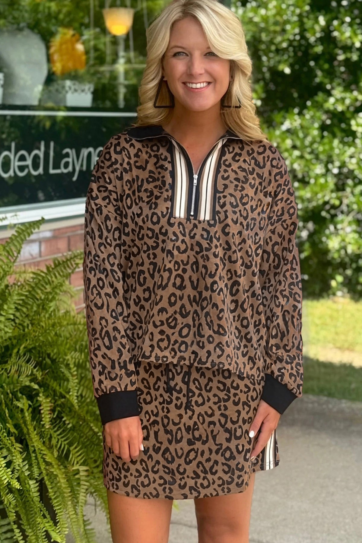 Khaki leopard print quarter zip long sleeve top and mini skirt set from Dear-Lover, stylish two-piece dress with stretchy fabric.