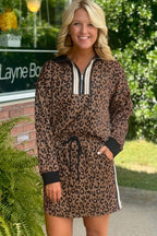 Khaki leopard print quarter zip long sleeve top and mini skirt set by Dear-Lover, stylish two-piece dress for casual wear.
