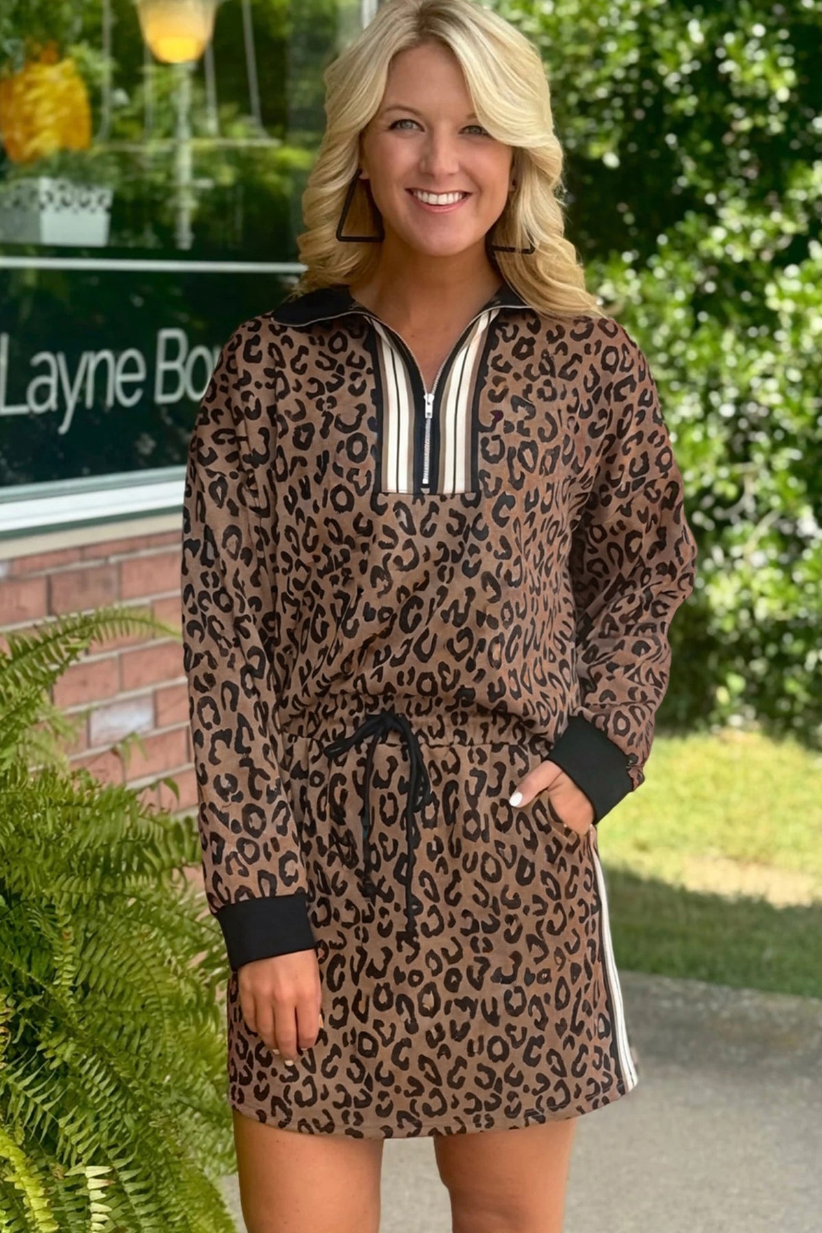 Khaki leopard print quarter zip long sleeve top and mini skirt set by Dear-Lover, stylish two-piece dress for casual wear.