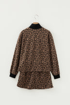 Khaki leopard print quarter zip long sleeve top paired with a matching mini skirt, Dear-Lover two-piece set for stylish casual wear.