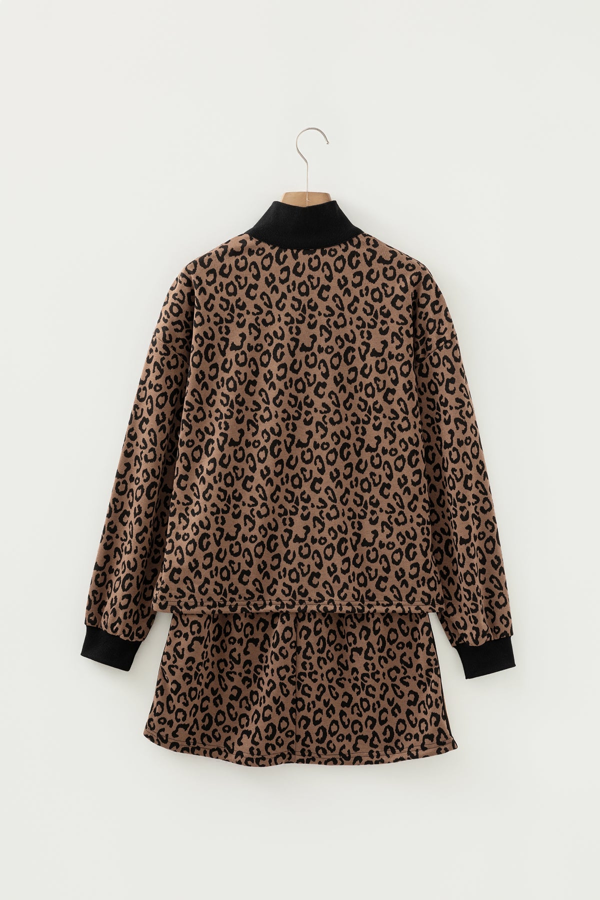 Khaki leopard print quarter zip long sleeve top paired with a matching mini skirt, Dear-Lover two-piece set for stylish casual wear.