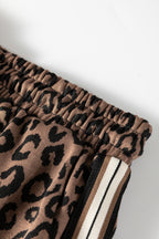 Khaki leopard print quarter zip long sleeve top and mini skirt set by Dear-Lover, made of polyester and elastane for a stylish look.