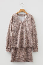 Light French beige leopard print two-piece set with V-neck pullover and mini skirt, from Dear-Lover Dropshipping.