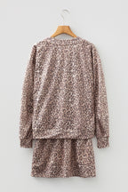 Light French beige leopard print two-piece set with V-neck pullover and mini skirt from Dear-Lover, made of polyester and elastane.