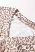 Light French beige leopard print two-piece set with V-neck pullover and mini skirt from Dear-Lover, stylish and comfortable for casual wear.