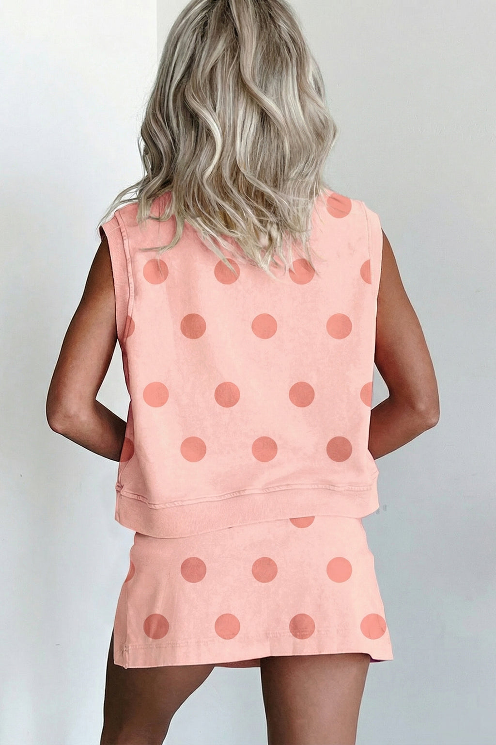 Sky blue ribbed trim polka dot print tank and split mini skort set by Dear-Lover, two-piece dress with casual summer style.