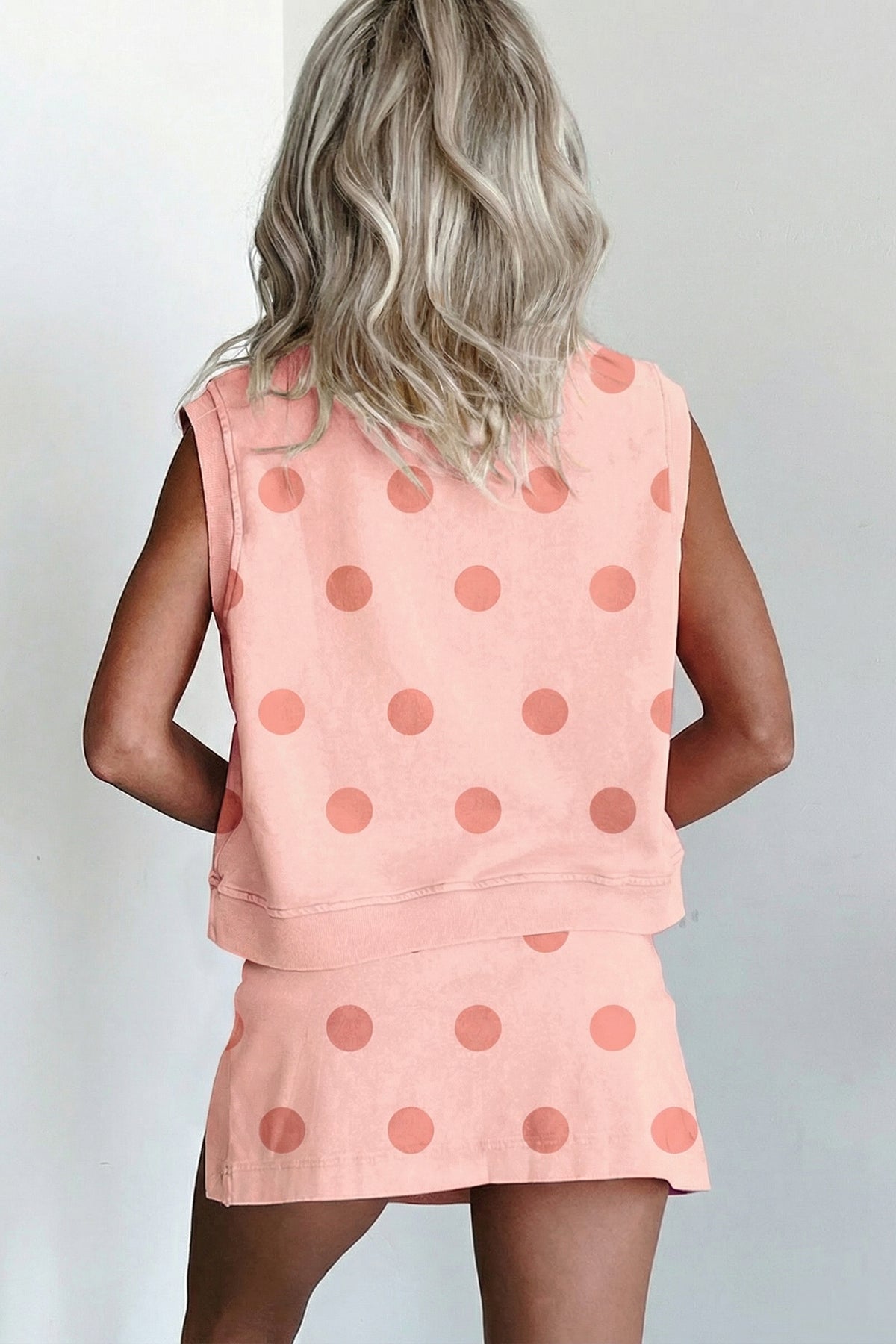 Sky blue ribbed trim polka dot print tank and split mini skort set by Dear-Lover, two-piece dress with casual summer style.