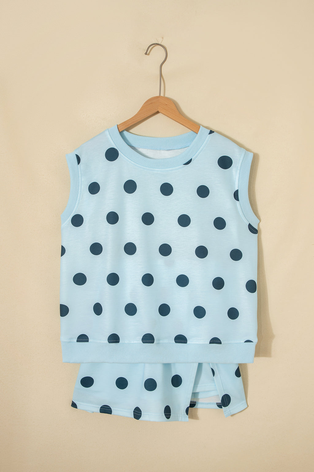 Sky blue ribbed trim polka dot print tank and split mini skort two-piece set from Dear-Lover, casual summer fashion ensemble.