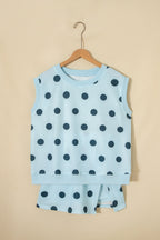 Sky blue ribbed trim polka dot print tank and split mini skort two-piece set from Dear-Lover, casual summer fashion ensemble.