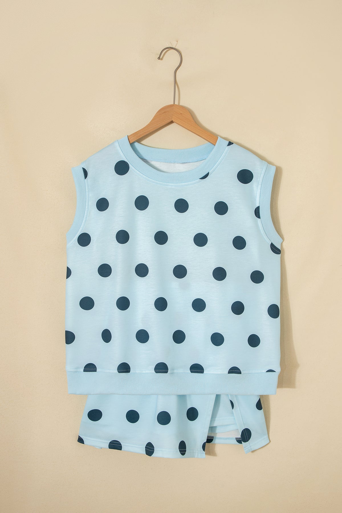 Sky blue ribbed trim polka dot print tank and split mini skort two-piece set from Dear-Lover, casual summer fashion ensemble.