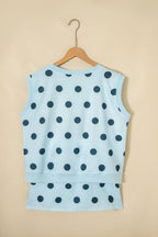 Sky blue ribbed trim polka dot print tank and split mini skort two-piece set by Dear-Lover, casual summer fashion ensemble.