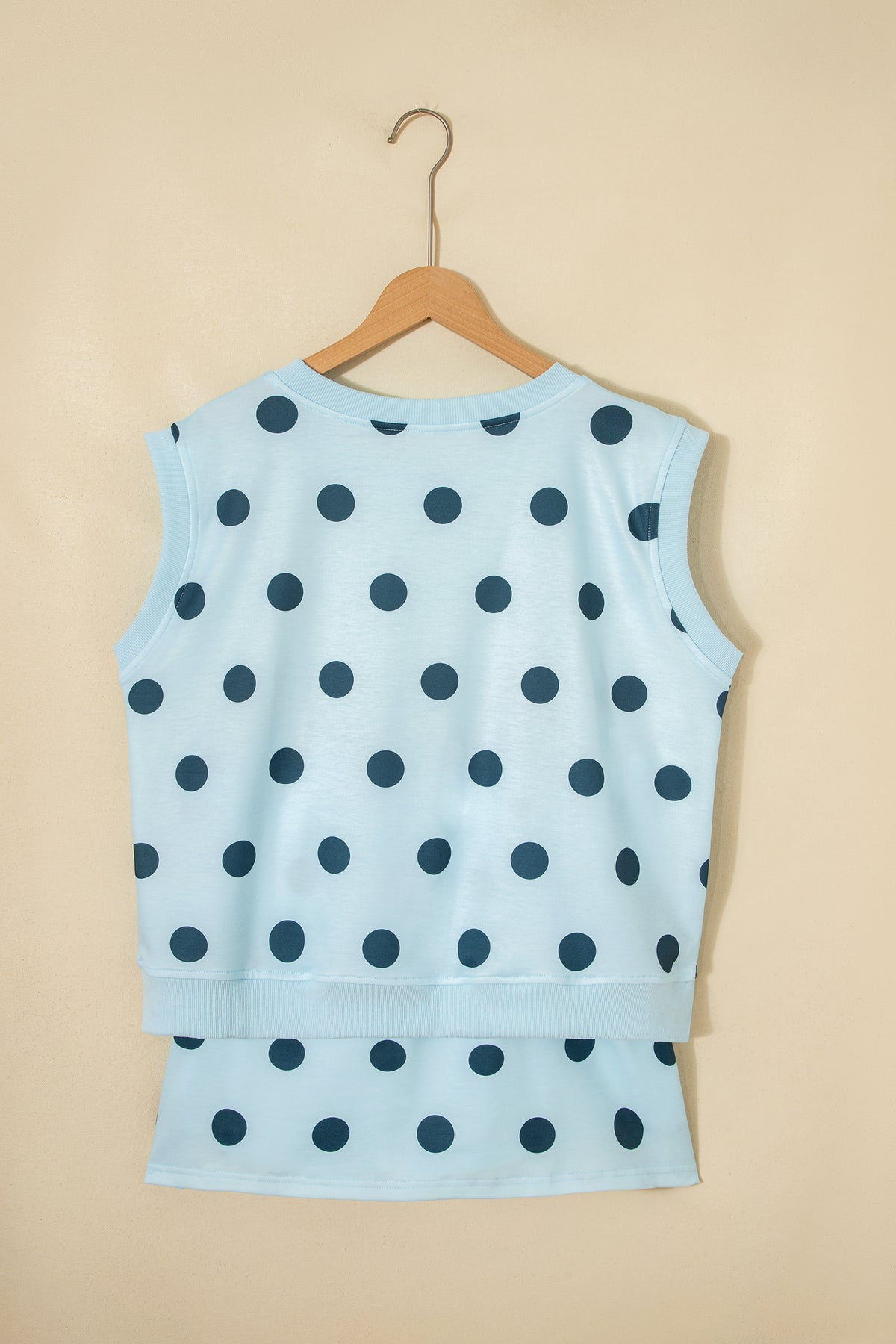 Sky blue ribbed trim polka dot print tank and split mini skort two-piece set by Dear-Lover, casual summer fashion ensemble.
