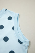 Sky blue ribbed trim polka dot print tank and split mini skort two-piece set by Dear-Lover featuring polyester and elastane fabric.
