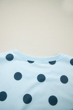 Sky blue ribbed trim polka dot print tank and split mini skort two-piece set by Dear-Lover, featuring polyester and elastane fabric.