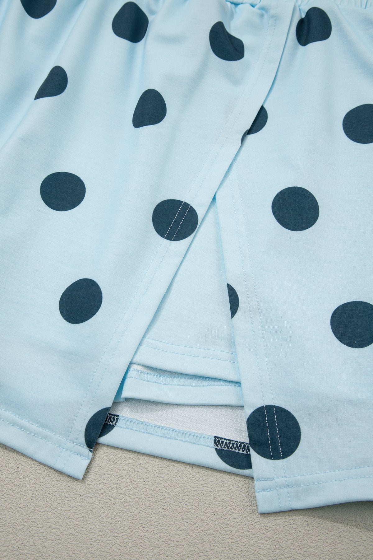Sky blue ribbed trim polka dot print tank and split mini skort two-piece set by Dear-Lover, casual summer fashion ensemble.
