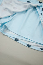 Sky blue ribbed trim polka dot print tank and split mini skort two-piece set by Dear-Lover, featuring lightweight polyester and elastane fabric.