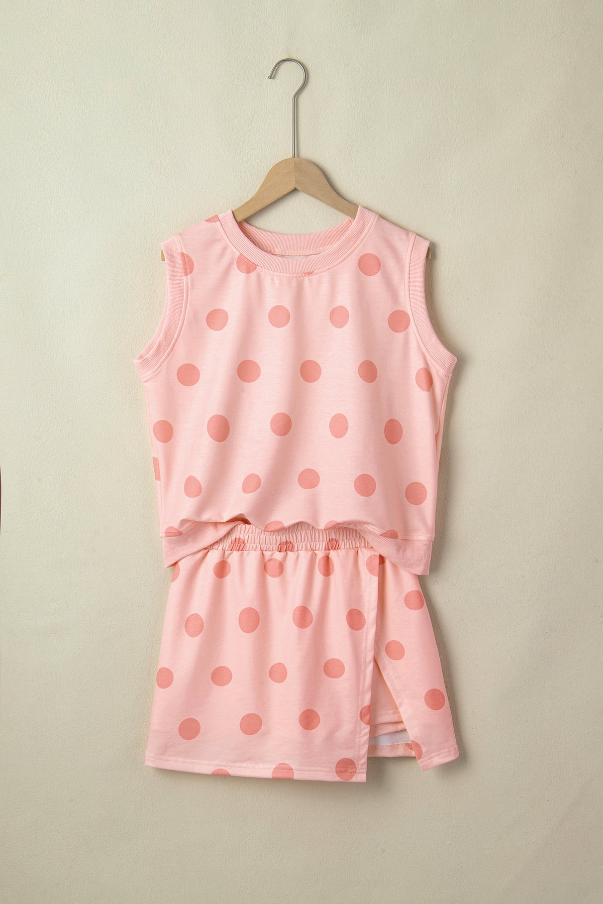 Sky blue ribbed trim polka dot print tank and split mini skort two-piece set by Dear-Lover, casual summer fashion.