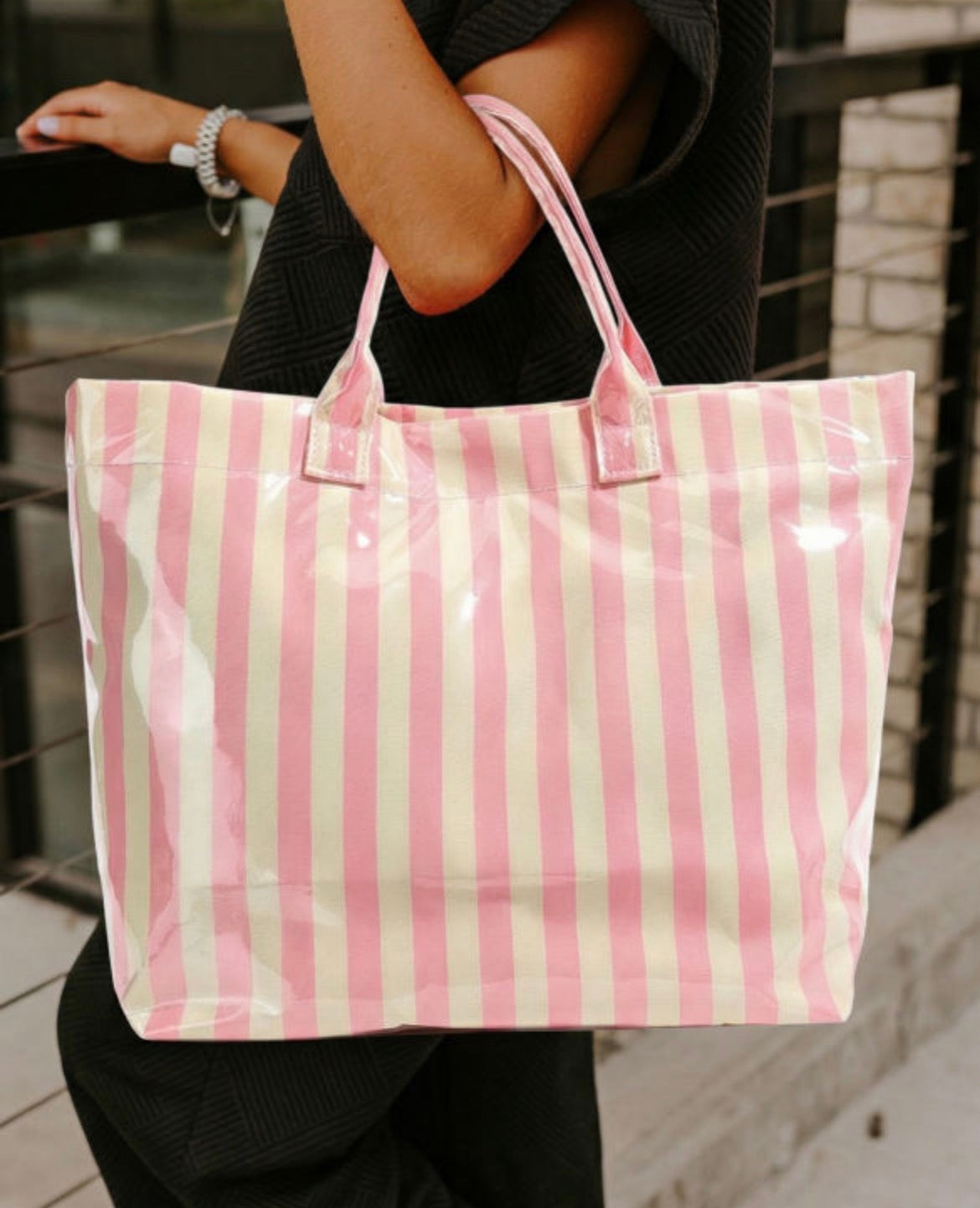 Rose-striped tote bag by Dear-Lover featuring bold multicolor stripes and sturdy handles for casual everyday use.