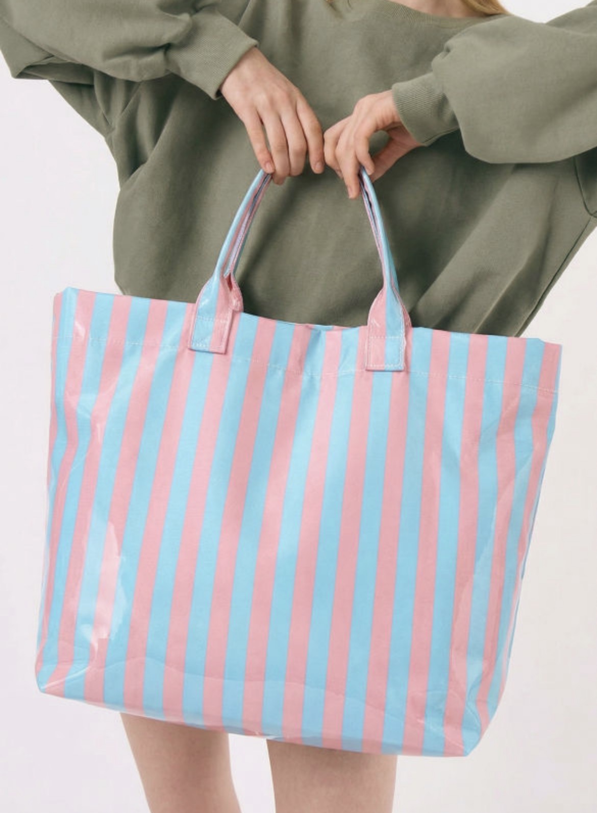 Dear-Lover rose-striped tote bag with bold horizontal stripes, sturdy handles, and spacious interior for daily use.