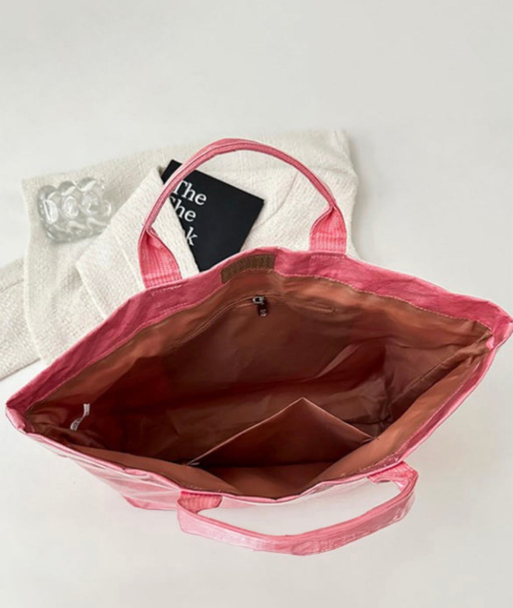 Dear-Lover rose-striped tote bag with sturdy handles, perfect for shopping and casual outings, featuring a stylish striped pattern.