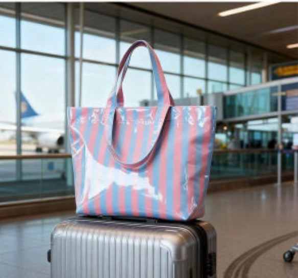 Dear-Lover rose-striped tote bag with white and pink stripes, showing a spacious design and sturdy handles.
