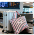Dear-Lover rose-striped tote bag with pink, white, and red vertical stripes, featuring sturdy handles and spacious interior.