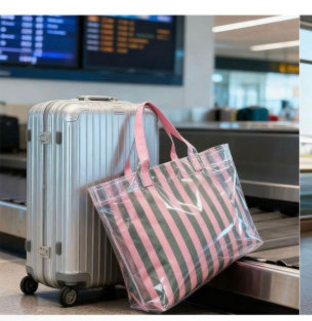 Dear-Lover rose-striped tote bag with pink, white, and red vertical stripes, featuring sturdy handles and spacious interior.