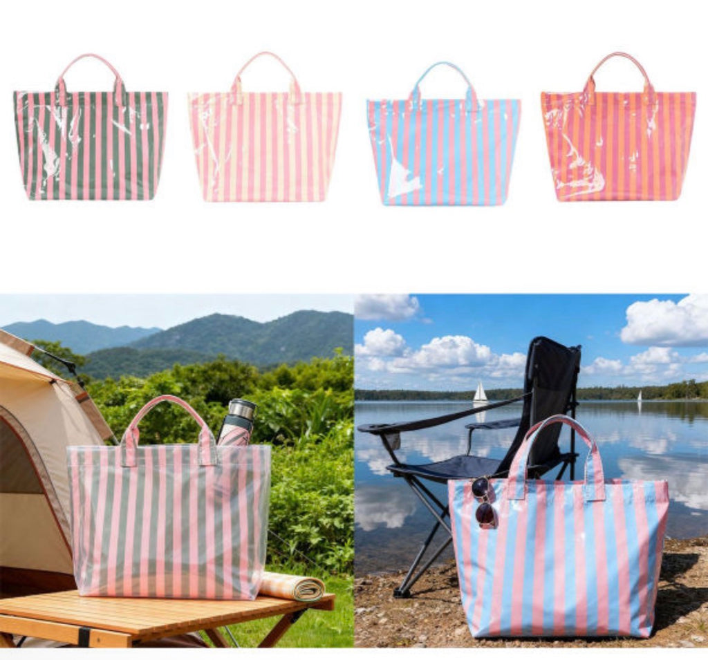 Dear-Lover rose-striped tote bag with vertical white and pink stripes, featuring sturdy handles and a spacious design for everyday use.