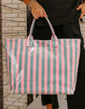 Dear-Lover rose-striped tote bag with bold horizontal stripes and sturdy handles, perfect for casual outings.