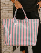 Dear-Lover rose-striped tote bag with bold horizontal stripes and sturdy handles, perfect for casual outings.