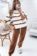 Black Stripe Drop Shoulder Pullover and Jogger Pants Set