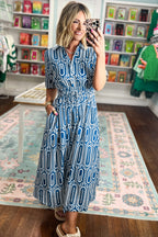 Blue Geometric Print Short Sleeve Drawstring Shirt Collar Dress