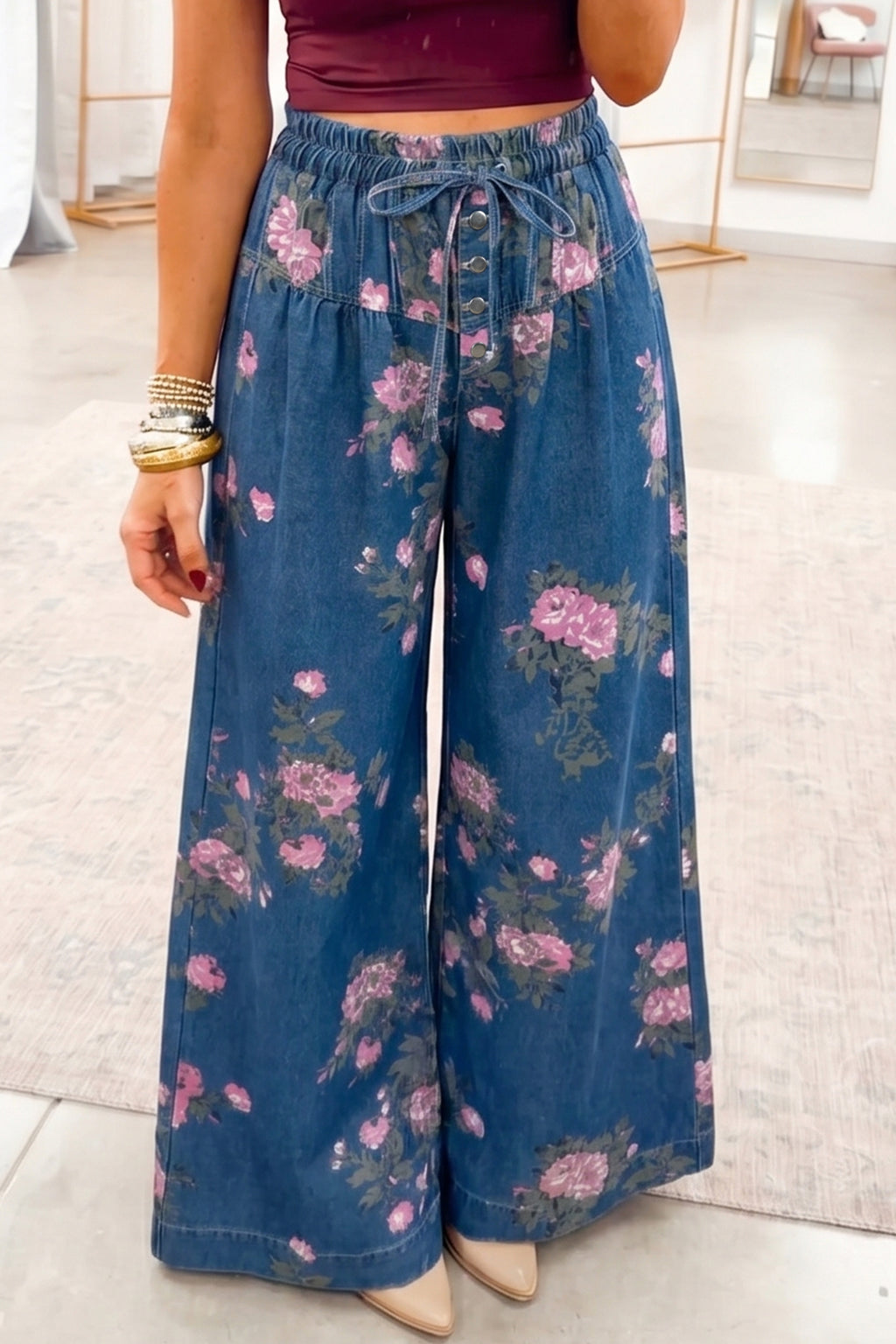 Blue Retro Floral Print Tie Elastic Waist Button Pintuck Wide Leg Jeans