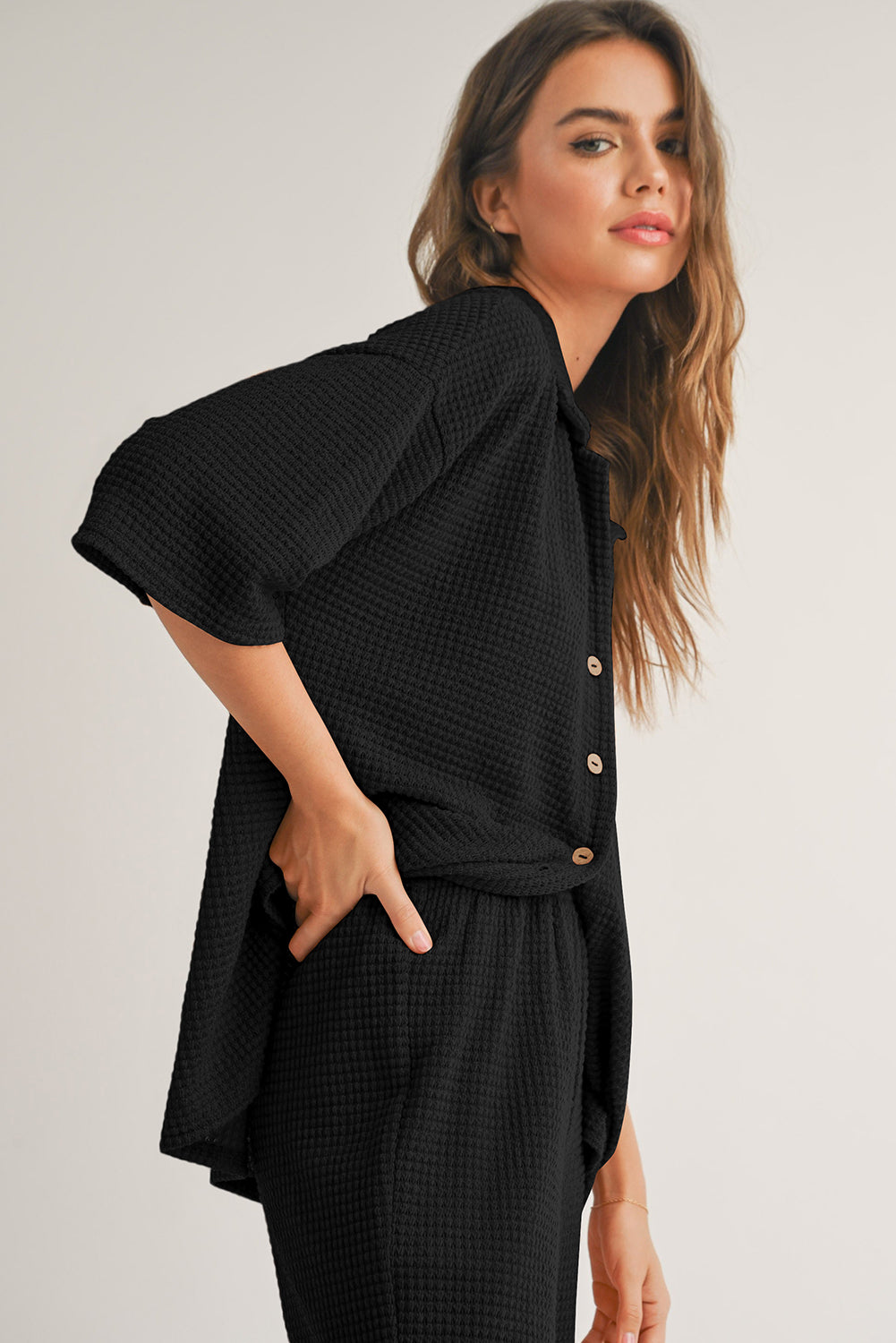 Rose Red Solid Color Textured Buttoned Shirt and Casual Pants Set