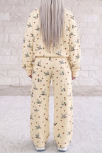 Beige Polka Dot Mallard Print Crewneck Pullover Two Piece Pants Set