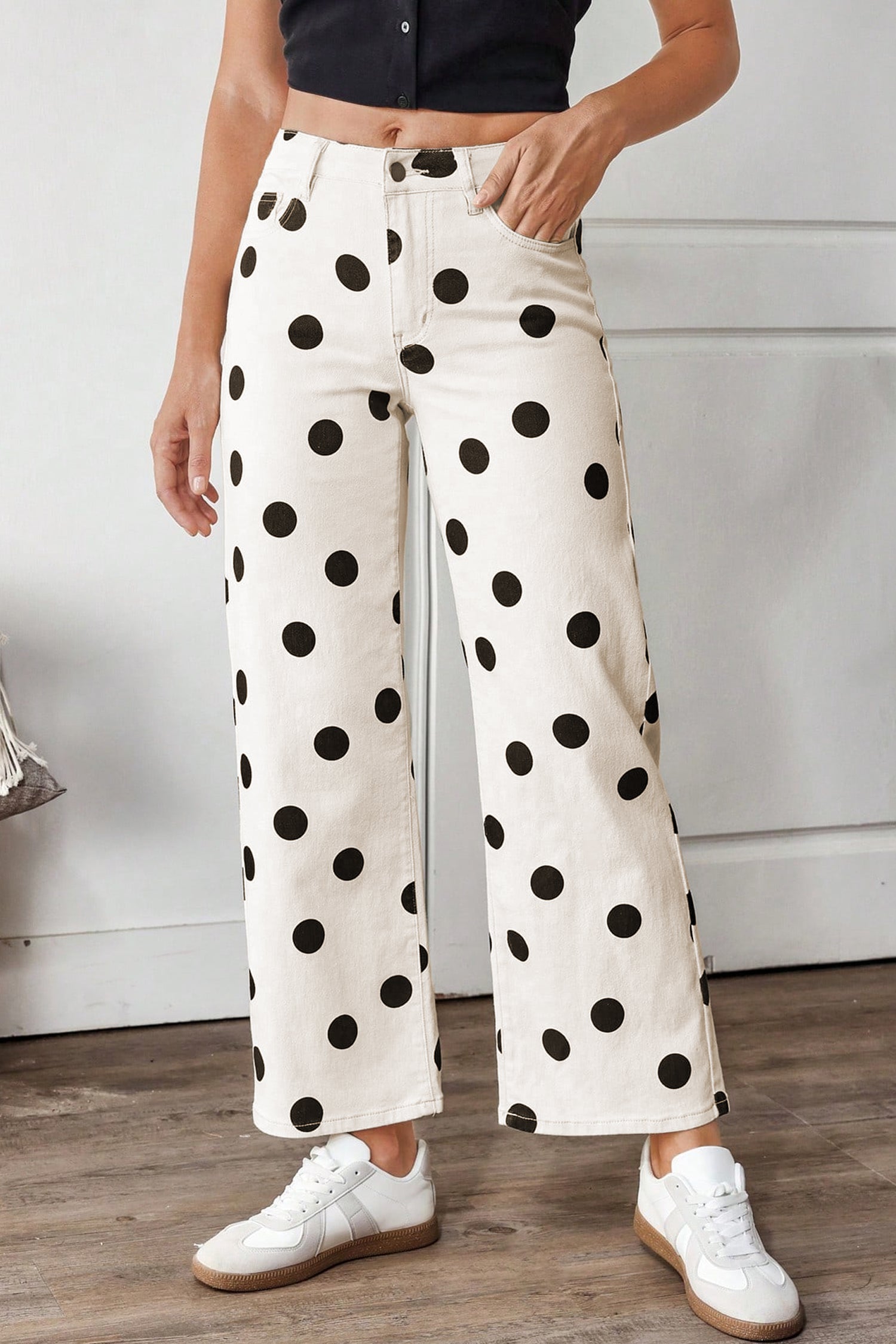 White Polka Dot Print Wide Leg Ankle-Length Jeans
