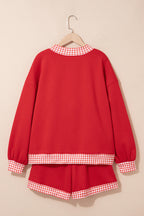 Fiery Red Gingham Trim Baggy Pullover 2pcs Short Set