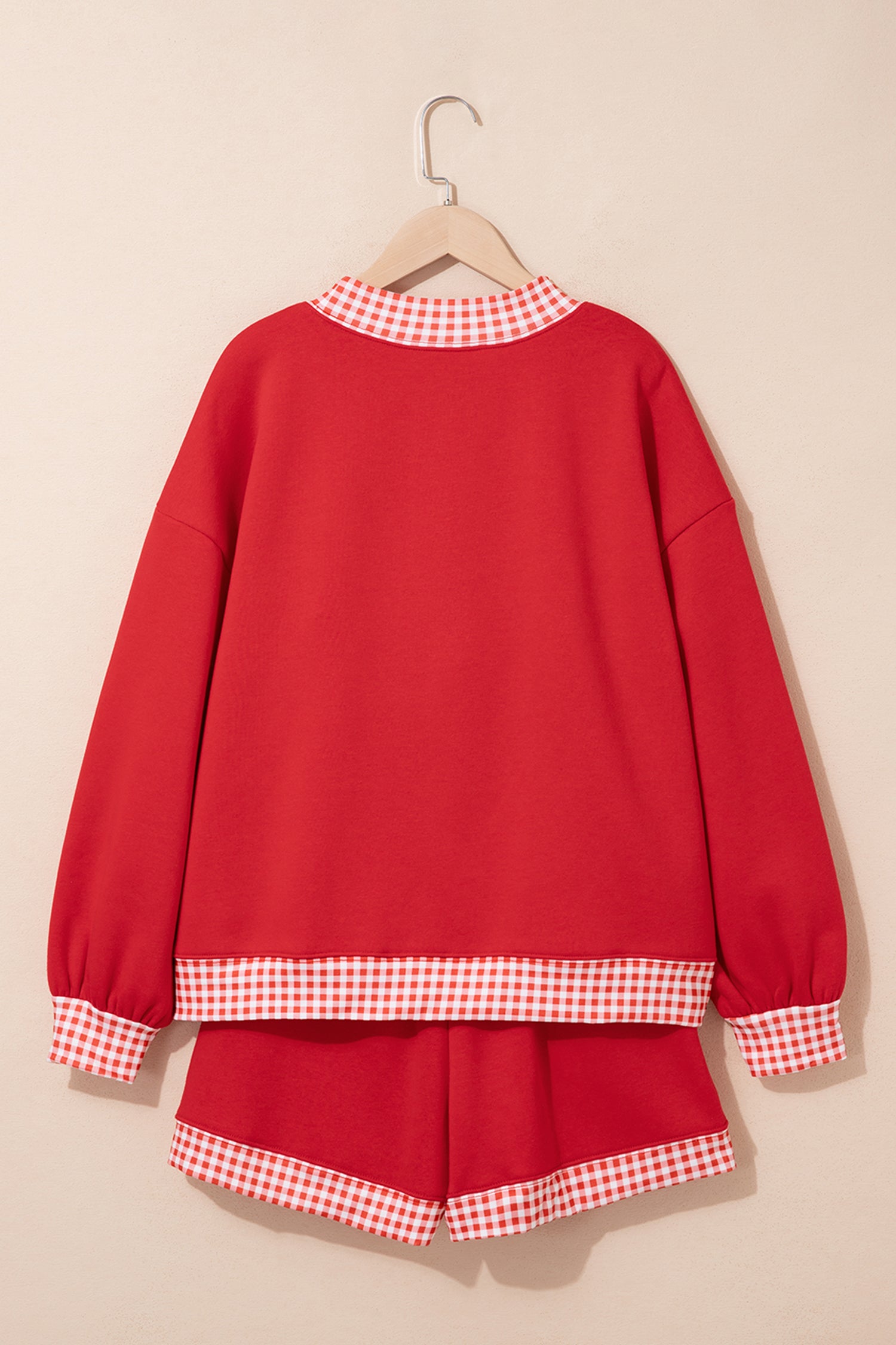 Fiery Red Gingham Trim Baggy Pullover 2pcs Short Set