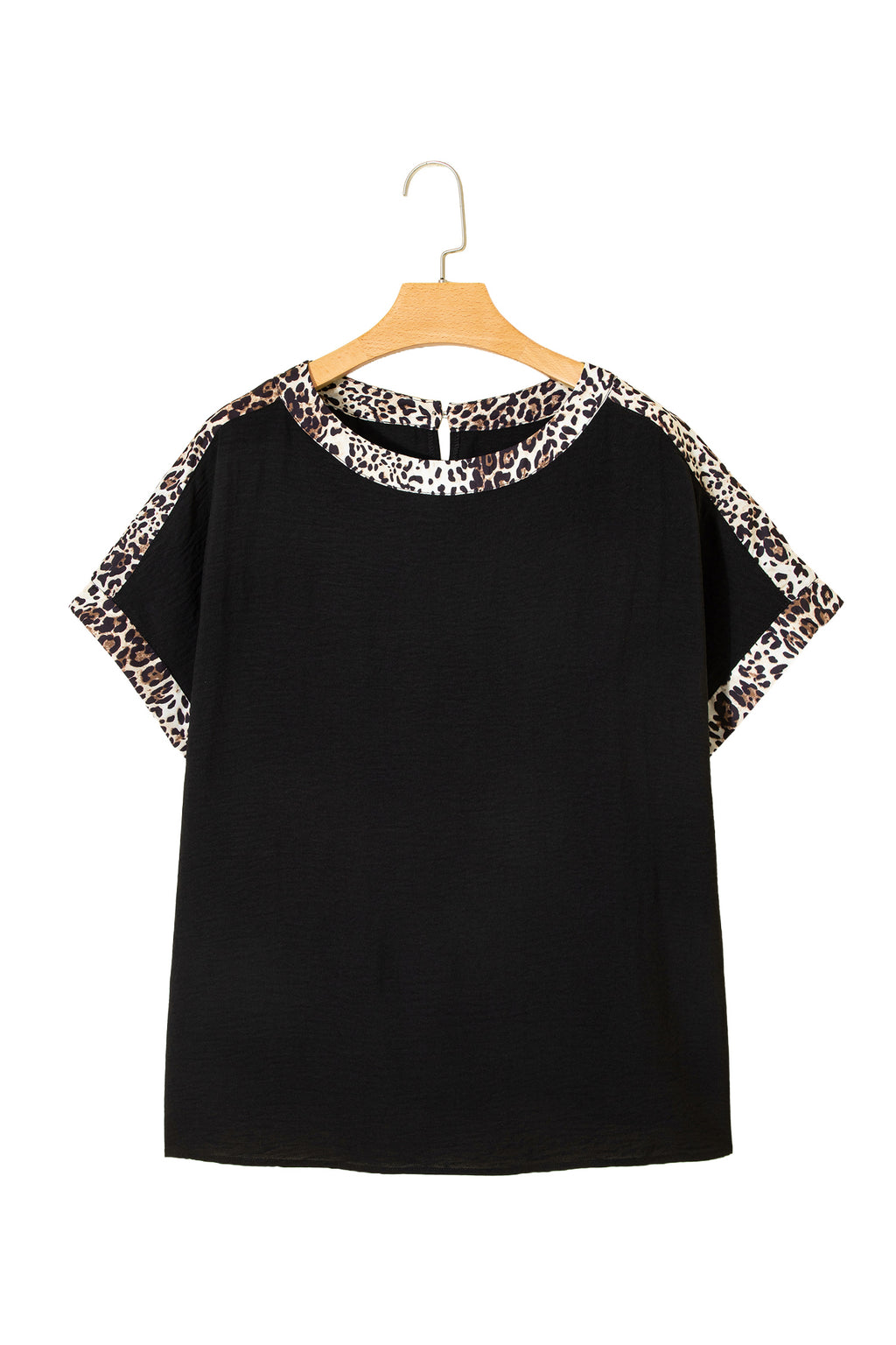 Black Plus Size Leopard Patchwork Round Neck Loose Tee