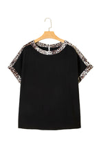 Black Plus Size Leopard Patchwork Round Neck Loose Tee
