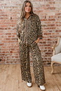 Brown Leopard Collared 3/4 Sleeve Shirt and Loose Pants Two Piece Outfit Set