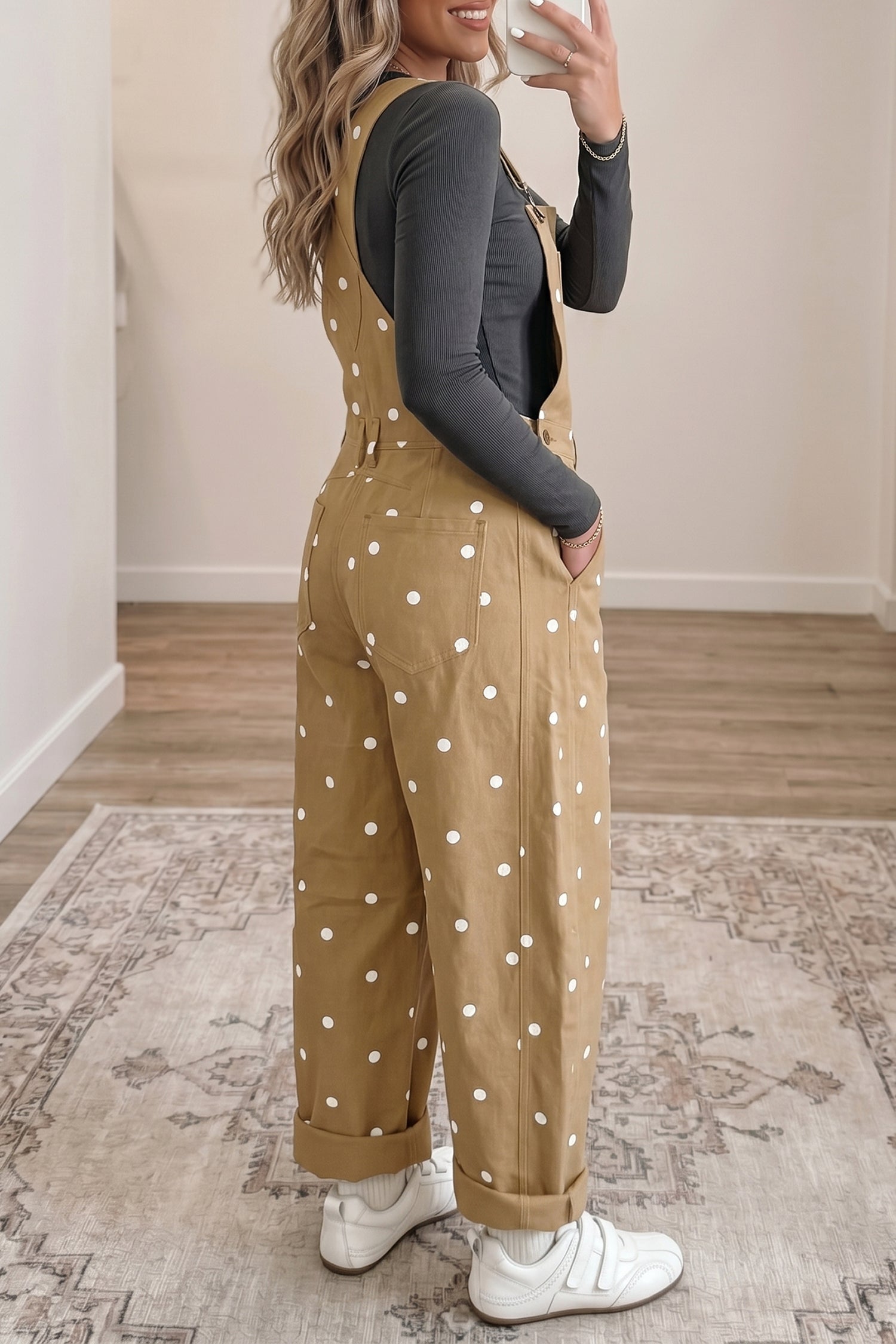 Polka Dot Print Bib Pocket Denim Barrel Overalls Jumpsuit