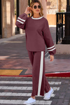 Varsity Stripe Patchwork Puff Sleeve Pullover Drawstring Wide Leg Pant Set