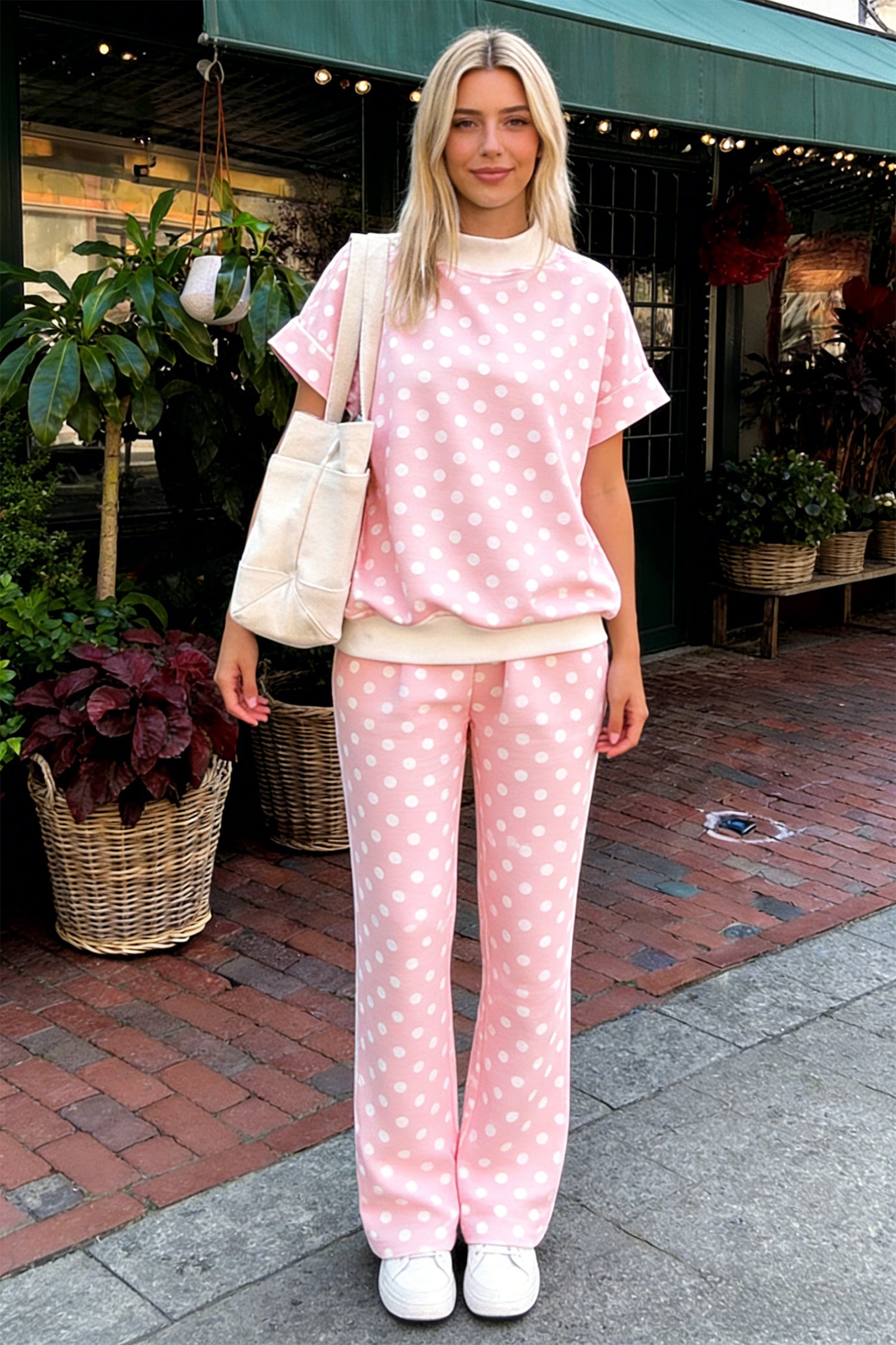 Pink Polka Dot Print Mock Neck Short Sleeve Top Shift Pant Set