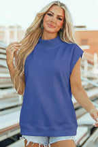 Black Solid Color High Neck Cap Sleeve Loose Top