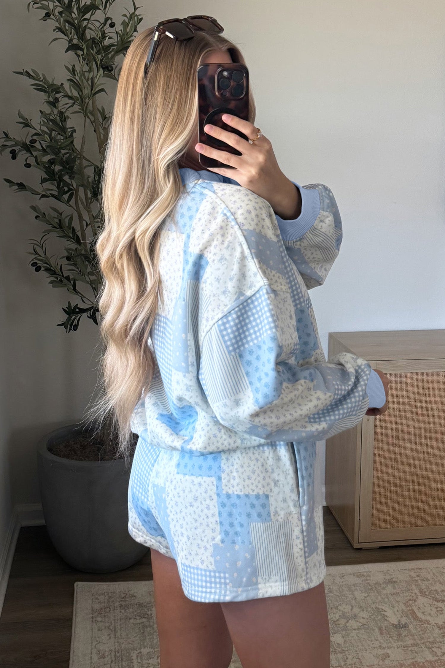 Sky Blue Patchwork Floral Print Drop Shoulder Baggy Pullover Drawstring Shorts Set