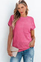 Bright Pink Lattice Textured Knit Short Sleeve Sweater